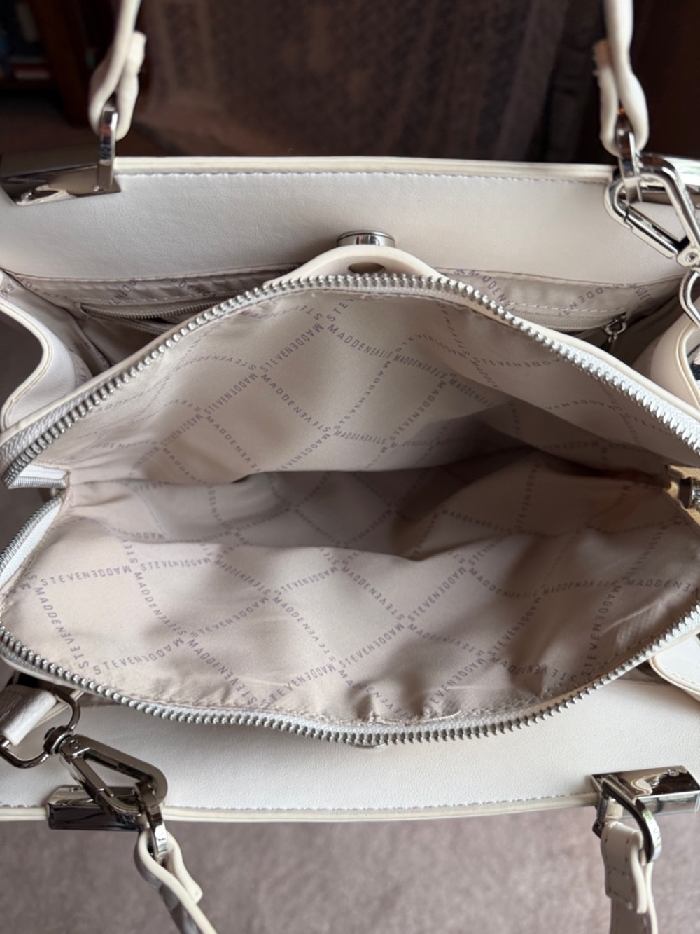 Steve Madden Cream Embossed SM Logo Satchel with Branded Strap - Picture 3 of 8